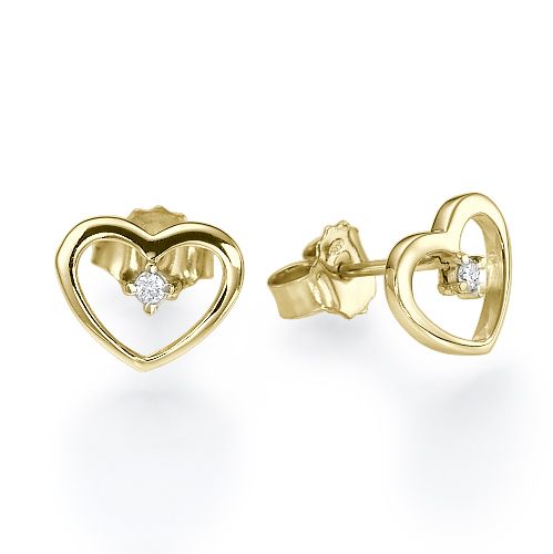 עגילי זהב ויהלומים בצורת לב בעיצוב עדין