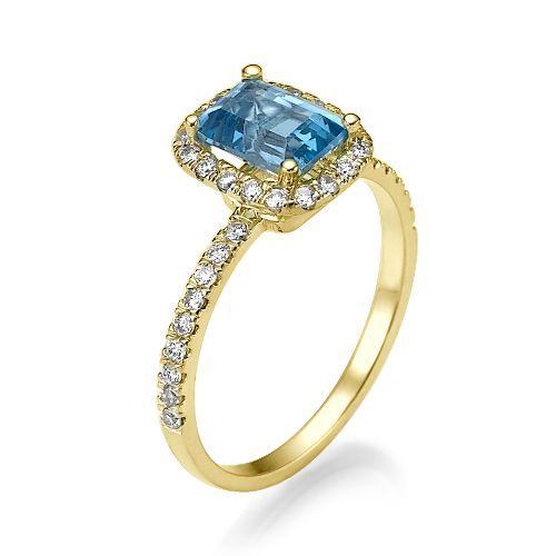 טבעת יהלומים זהב צהוב בשיבוץ טופז כחולה ויהלומים